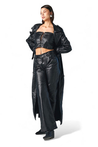 Maxi trench full lenght in metallic denim black