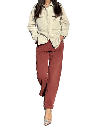 Pantaloni boyfriend in drill sienna con trattamenti denim