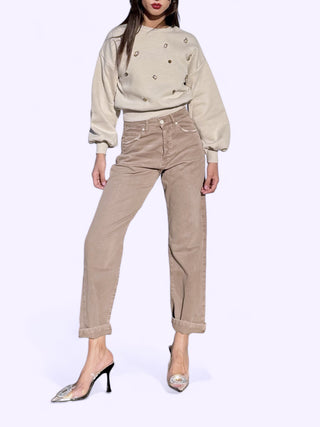 Pantaloni boyfriend in drill cappuccino con trattamenti denim