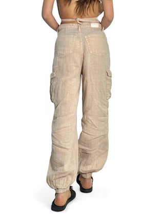 Pantaloni cargo in lino beige con elastico fondo