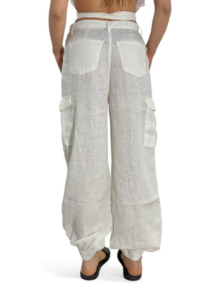 Pantaloni cargo in lino bianco con elastico fondo