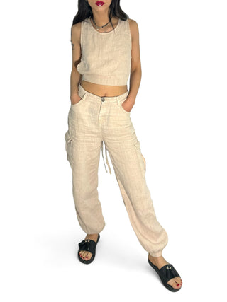 Pantaloni cargo in lino beige con elastico fondo