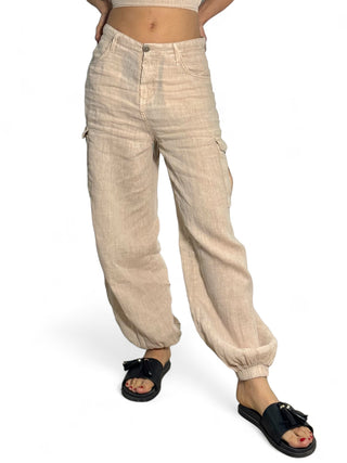 Pantaloni cargo in lino beige con elastico fondo