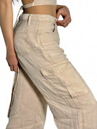 Pantaloni cargo in lino beige con elastico fondo