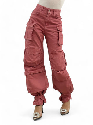 Pantaloni cargo multipocket wide in gabardine winter pink