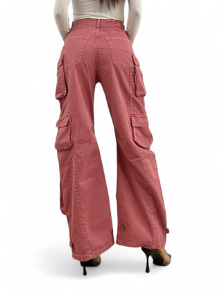 Pantaloni cargo multipocket wide in gabardine winter pink