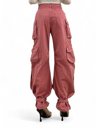 Pantaloni cargo multipocket wide in gabardine winter pink