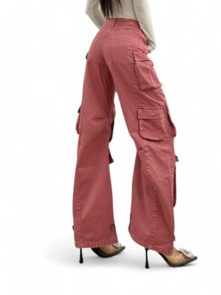 Pantaloni cargo multipocket wide in gabardine winter pink