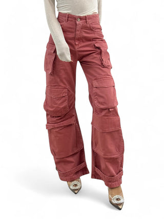 Pantaloni cargo multipocket wide in gabardine winter pink