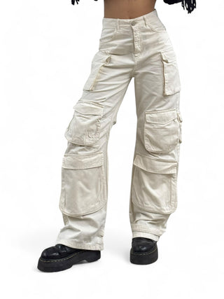 Pantaloni cargo multipocket wide in gabardine latte