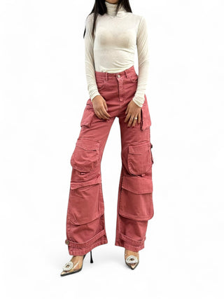 Pantaloni cargo multipocket wide in gabardine winter pink