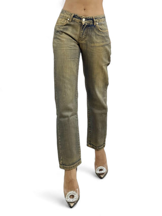 Pantaloni cigarette in denim perlato oro