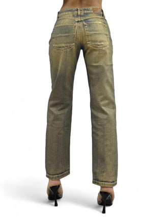 Pantaloni cigarette in denim perlato oro