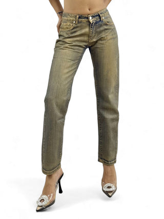 Pantaloni cigarette in denim perlato oro