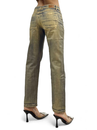 Pantaloni cigarette in denim perlato oro