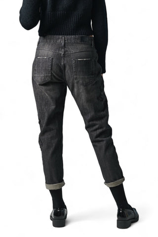 Pantaloni denim black relaxed con ricamo perline laterali