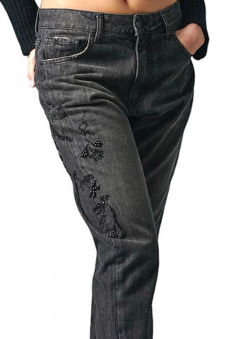 Pantaloni denim black relaxed con ricamo perline laterali