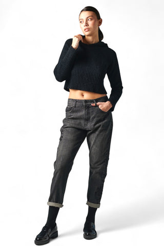 Pantaloni denim black relaxed con ricamo perline laterali