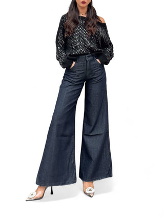 Pantaloni denim blueblack wide leg filo oro