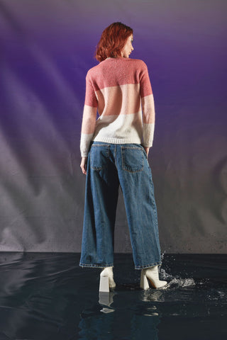 Pantaloni denim cropped baggy con pinces su bustino