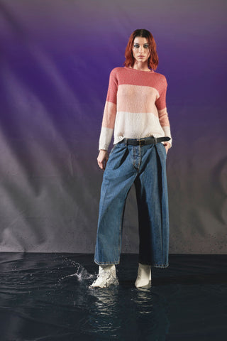 Pantaloni denim cropped baggy con pinces su bustino