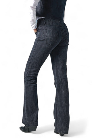 Pantaloni flared denim black stretch con stampa laser crocodile