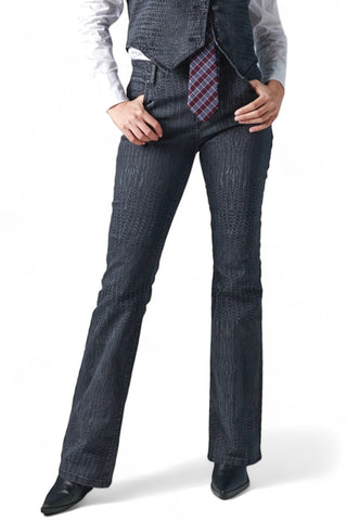 Pantaloni flared denim black stretch con stampa laser crocodile