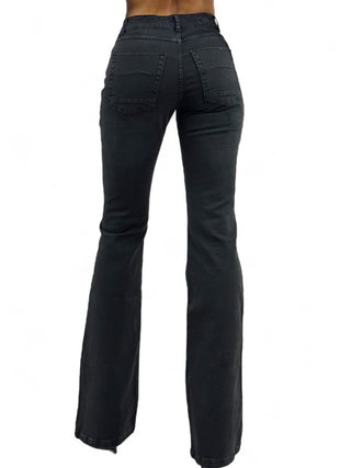 Pantaloni flared in drill nero con trattamenti denim