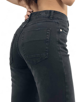 Pantaloni flared in drill nero con trattamenti denim