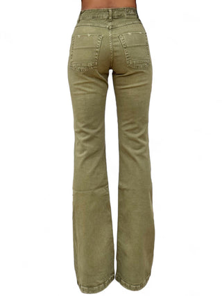 Pantaloni flared in drill militare con trattamenti denim