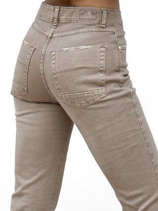 Pantaloni flared in drill cappuccino con trattamenti denim