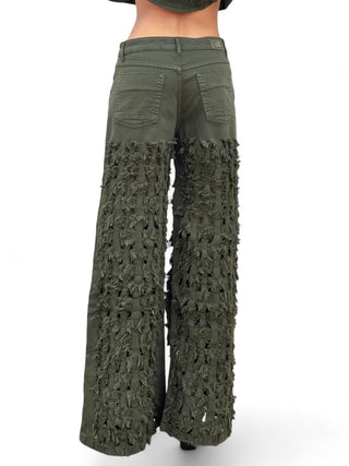 Pantaloni FRINGE VERDE LODEN in drill di cotone oversize con rotture laser all over