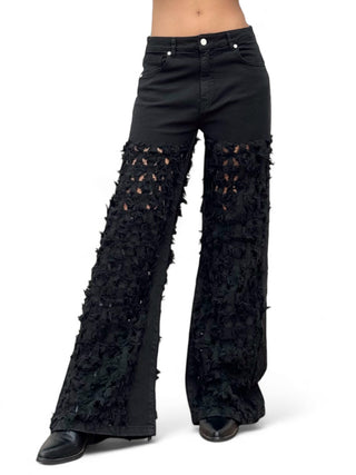 Pantaloni FRINGE NERO in drill di cotone oversize con rotture laser all over