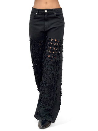 Pantaloni FRINGE NERO in drill di cotone oversize con rotture laser all over