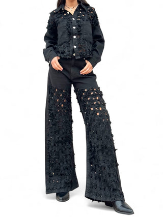 Pantaloni FRINGE NERO in drill di cotone oversize con rotture laser all over