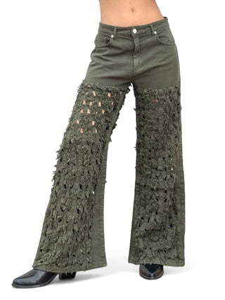 Pantaloni FRINGE VERDE LODEN in drill di cotone oversize con rotture laser all over