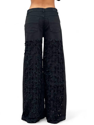 Pantaloni FRINGE NERO in drill di cotone oversize con rotture laser all over