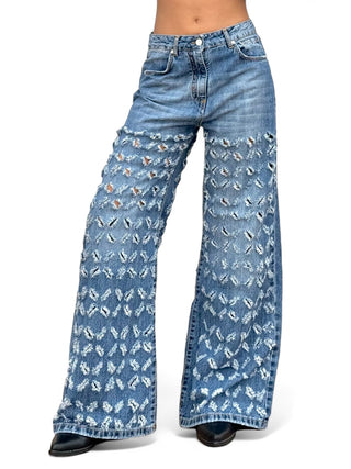 Pantaloni FRINGE IN DENIM BLU oversize con rotture laser all over