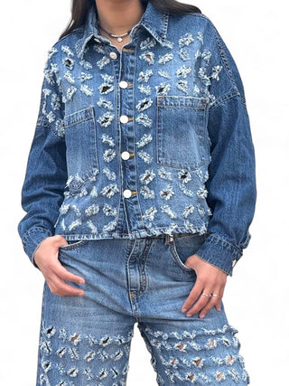 Giacca camicia FRINGE IN DENIM BLU oversize con rotture laser all over