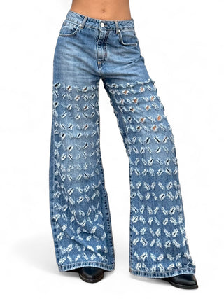 Pantaloni FRINGE IN DENIM BLU oversize con rotture laser all over