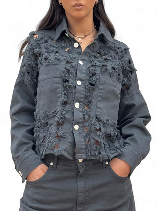 Giacca camicia FRINGE GRIGIO PIOMBO in drill di cotone oversize con rotture laser all over