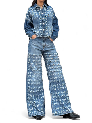 Pantaloni FRINGE IN DENIM BLU oversize con rotture laser all over