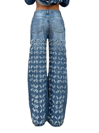 Pantaloni FRINGE IN DENIM BLU oversize con rotture laser all over