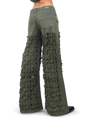 Pantaloni FRINGE VERDE LODEN in drill di cotone oversize con rotture laser all over