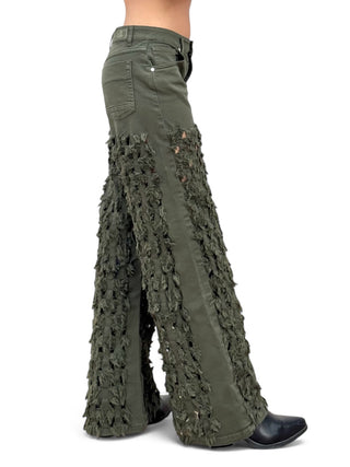 Pantaloni FRINGE VERDE LODEN in drill di cotone oversize con rotture laser all over