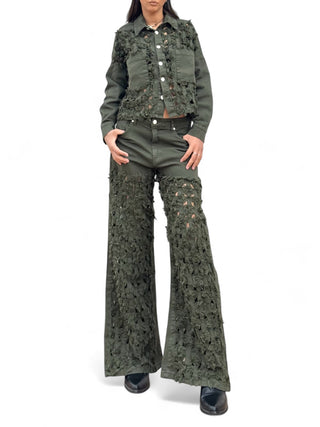 Pantaloni FRINGE VERDE LODEN in drill di cotone oversize con rotture laser all over