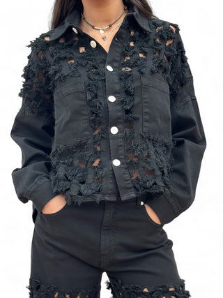 Giacca camicia FRINGE NERO in drill di cotone oversize con rotture laser all over