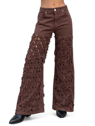 Pantaloni FRINGE CIOCCOLATO in drill di cotone oversize con rotture laser all over