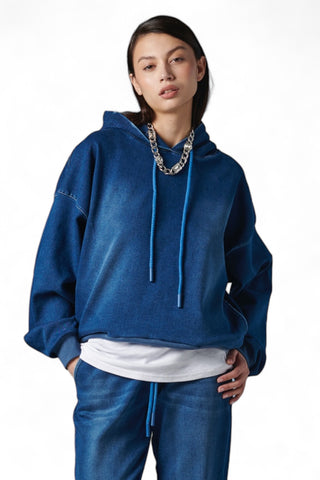 Felpa hoodie in denim felpato blu con cappuccio