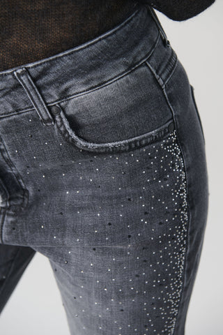 Pantaloni relaxed denim black con strass laterali degradè